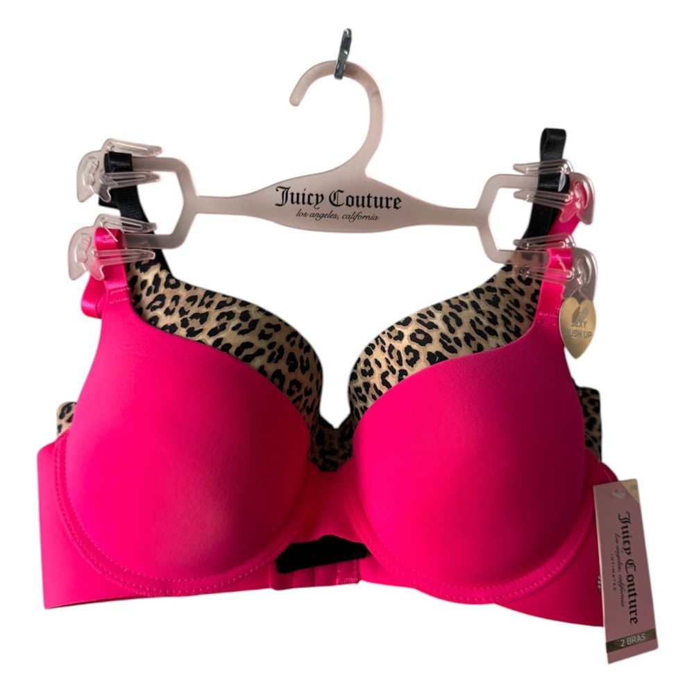 Juicy Couture 2 Pack Sexy Push Up Bra Pink Rhinestone & Leopard NWT 34B